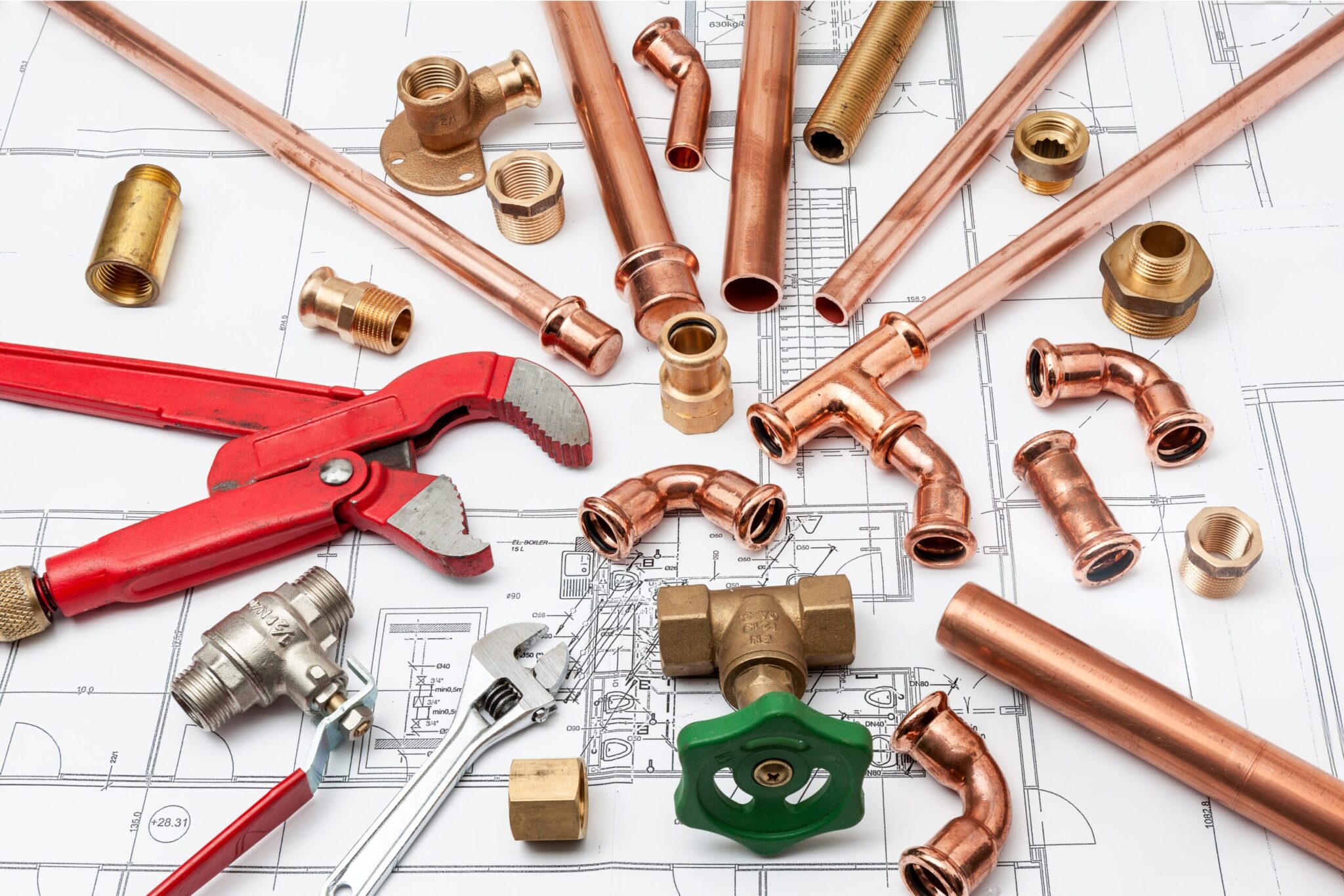 Copper pipes, fittings, valves, and plumbing tools in Daytona Beach