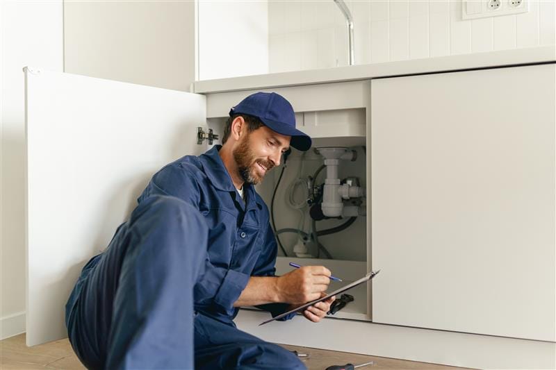 Residential plumber reviewing plumbing repairs in a Daytona Beach kitchen