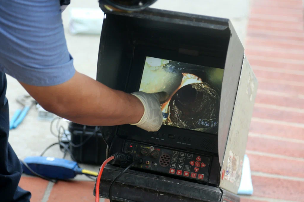 Technician viewing a drain inspection camera in Daytona Beach