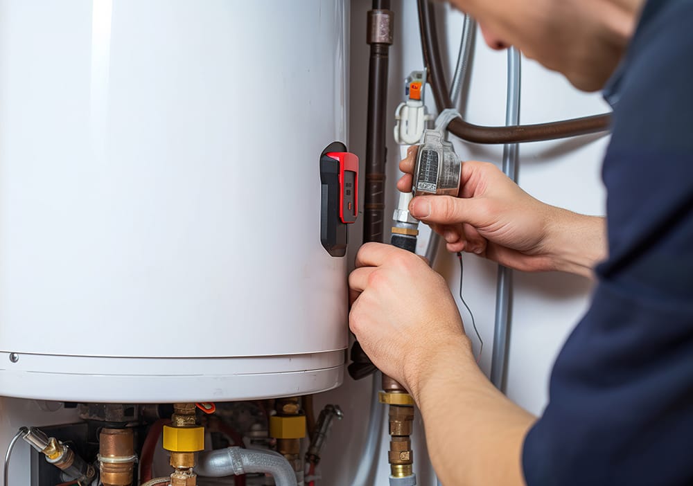 Technician repairing pipes connected to a water heater in Daytona Beach